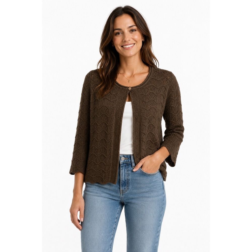 Tweeds Brown Pointelle Knit Angora Wool Blend Cardigan Sweater L 3/4 Sleeve